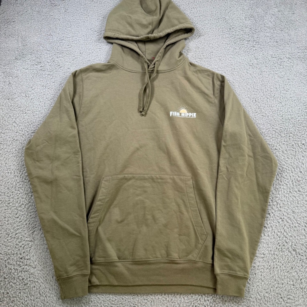 Fish Hippie Mens Olive Green Graphic Pullover Hoodie Sweatshirt Size Small